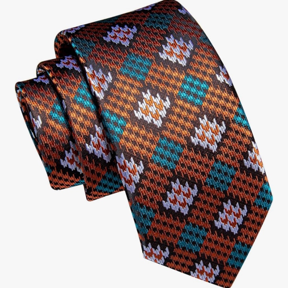 SILK TIE SET: MENS 5pc Orange Plaid Tie, Pocket Square, Cufflinks, Lapel Pin NWT - Picture 5 of 6
